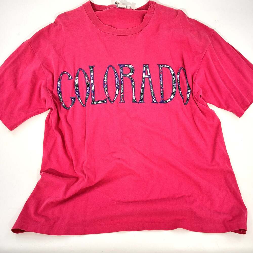 vintage1990's pink Colorado embroidered tee floral logo purple stitching XL